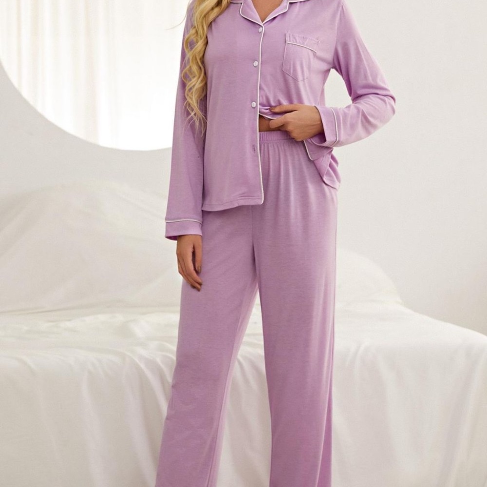 Contrast Piping Button Down Top and Pants Women's Loungewear Set